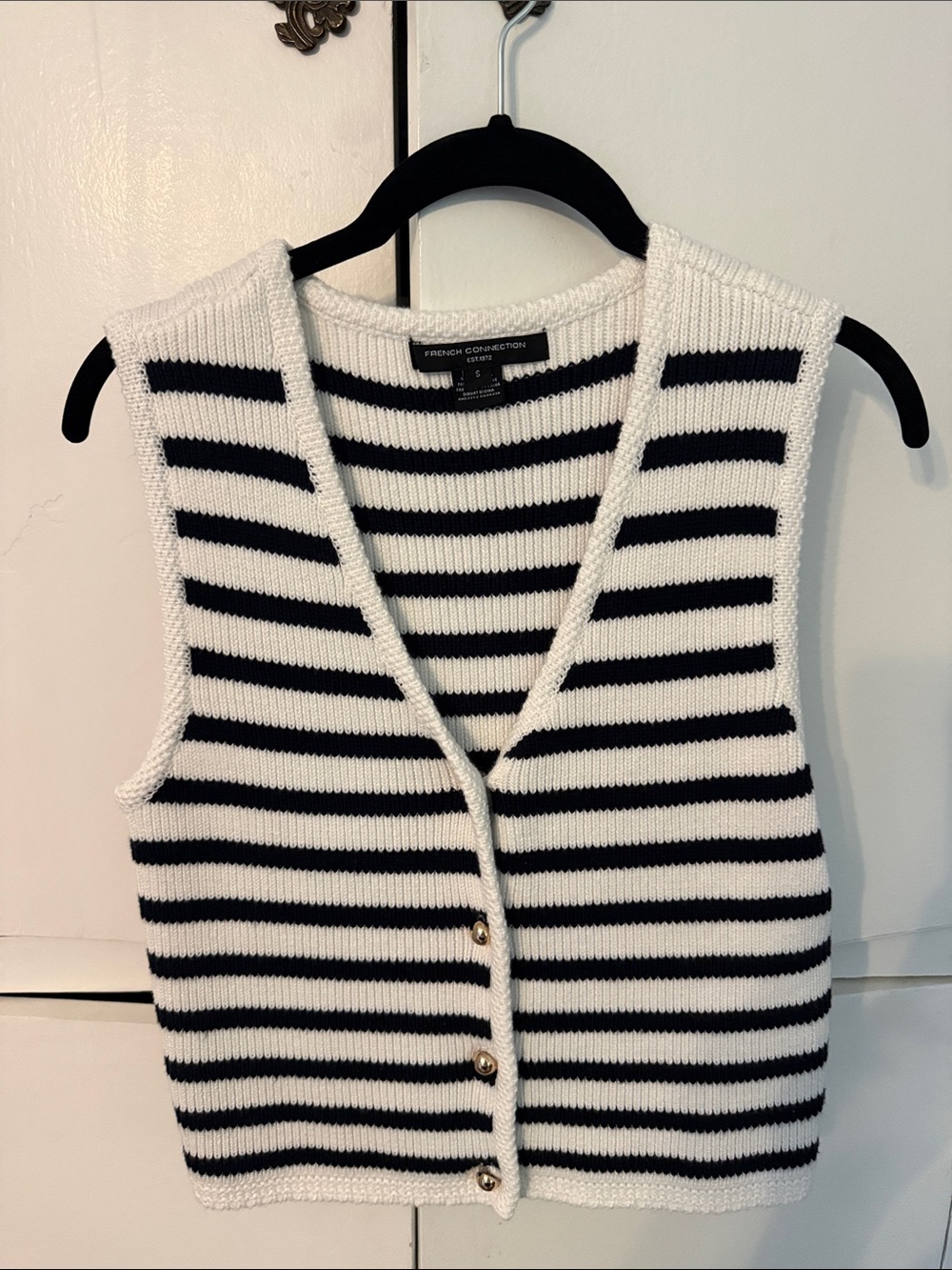 French Connection Black and White Striped Knit Button Vest